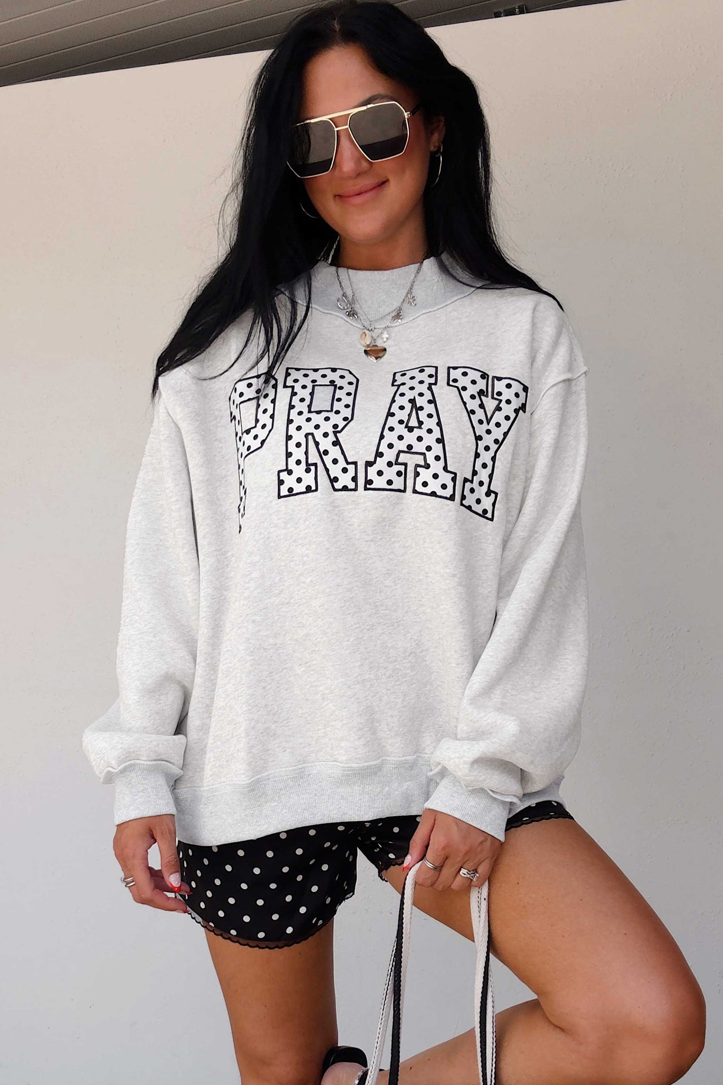 Gray PRAY Polka Dot Embroidered Mock Neck Sweatshirt-Tops/Sweatshirts & Hoodies-[Adult]-[Female]-2022 Online Blue Zone Planet