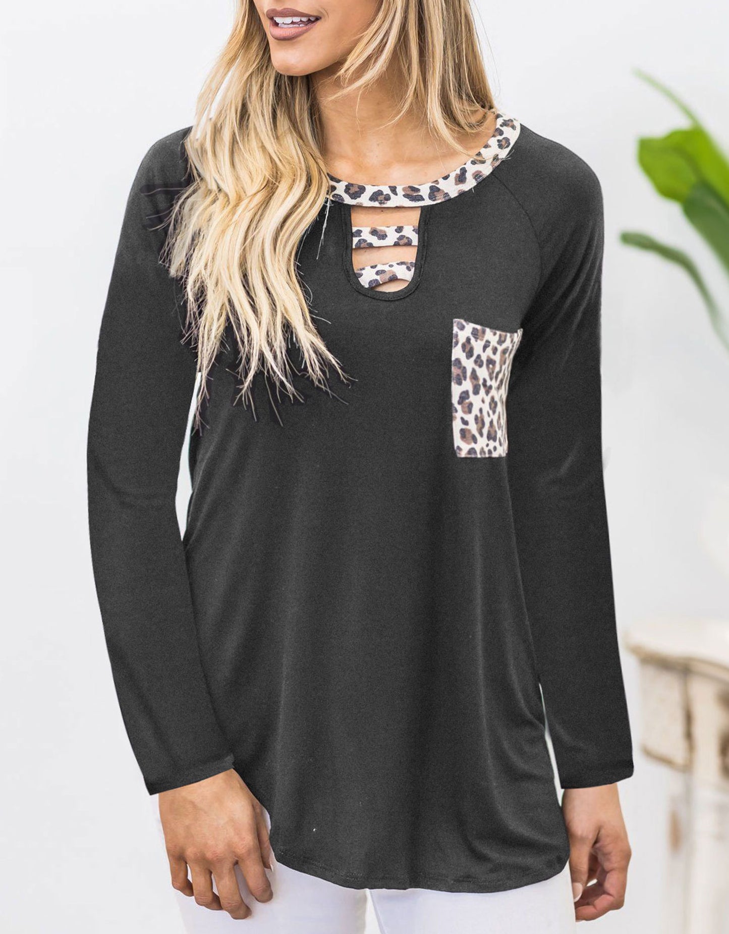 Cutout Leopard Round Neck Long Sleeve T-Shirt-TOPS / DRESSES-[Adult]-[Female]-Dark Gray-S-2022 Online Blue Zone Planet