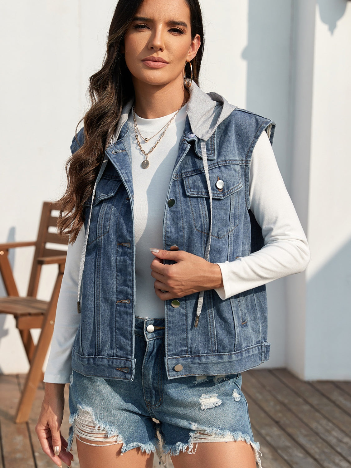 Pocketed Button Up Hooded Denim Jacket-TOPS / DRESSES-[Adult]-[Female]-2022 Online Blue Zone Planet