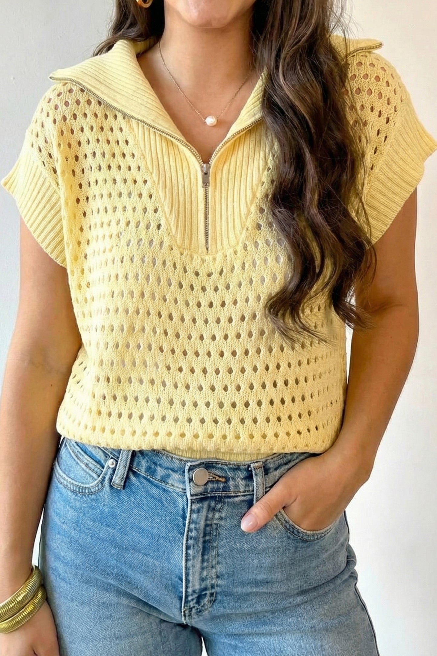 Sky Blue Solid Color Hollowed Knit Short Sleeve Zipper Collar Knitwear Top