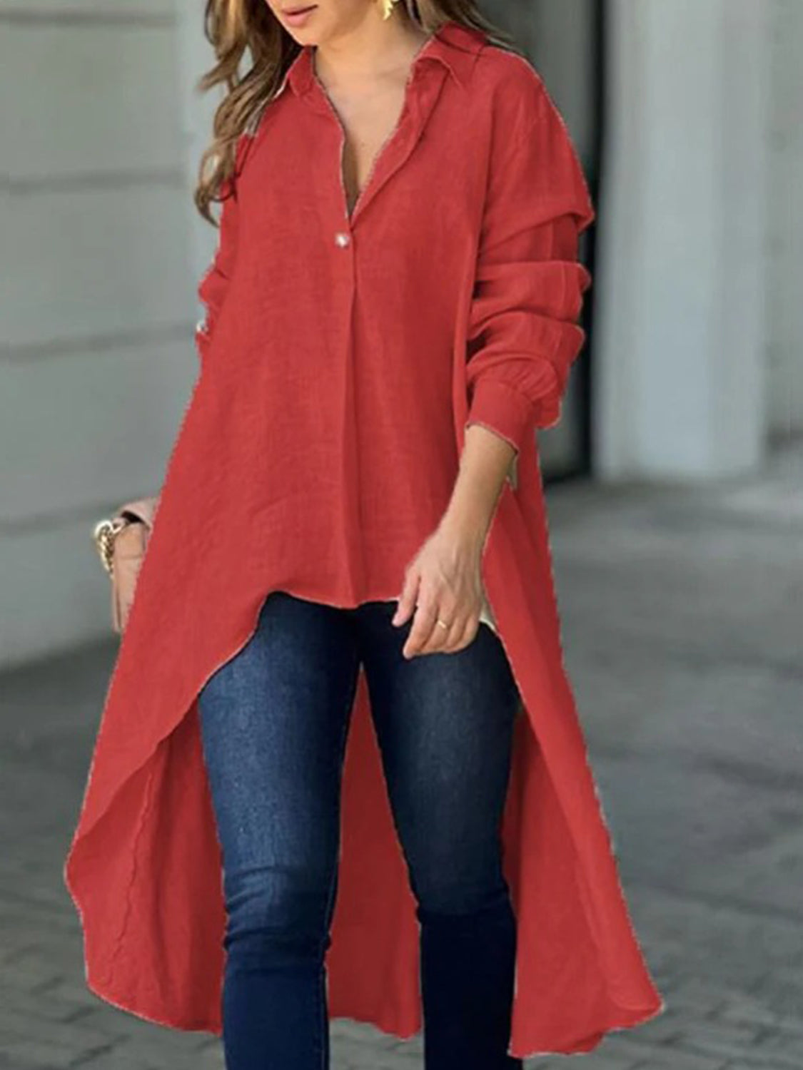 Full Size High-Low Collared Neck Long Sleeve Shirt-TOPS / DRESSES-[Adult]-[Female]-Deep Red-S-2022 Online Blue Zone Planet