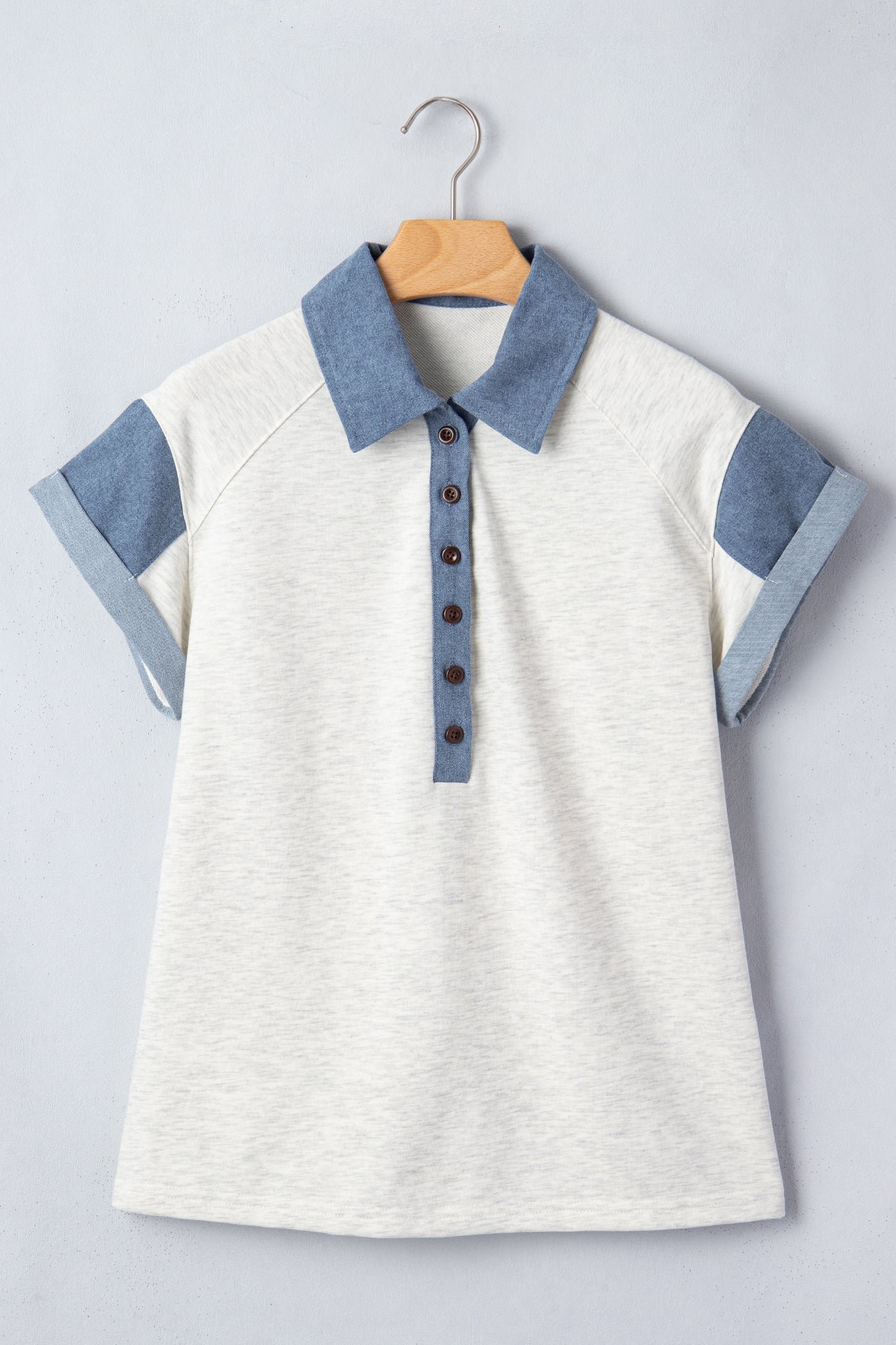 Light Grey Denim Color Block Patchwork Shirt Collar Short Sleeve Blouse