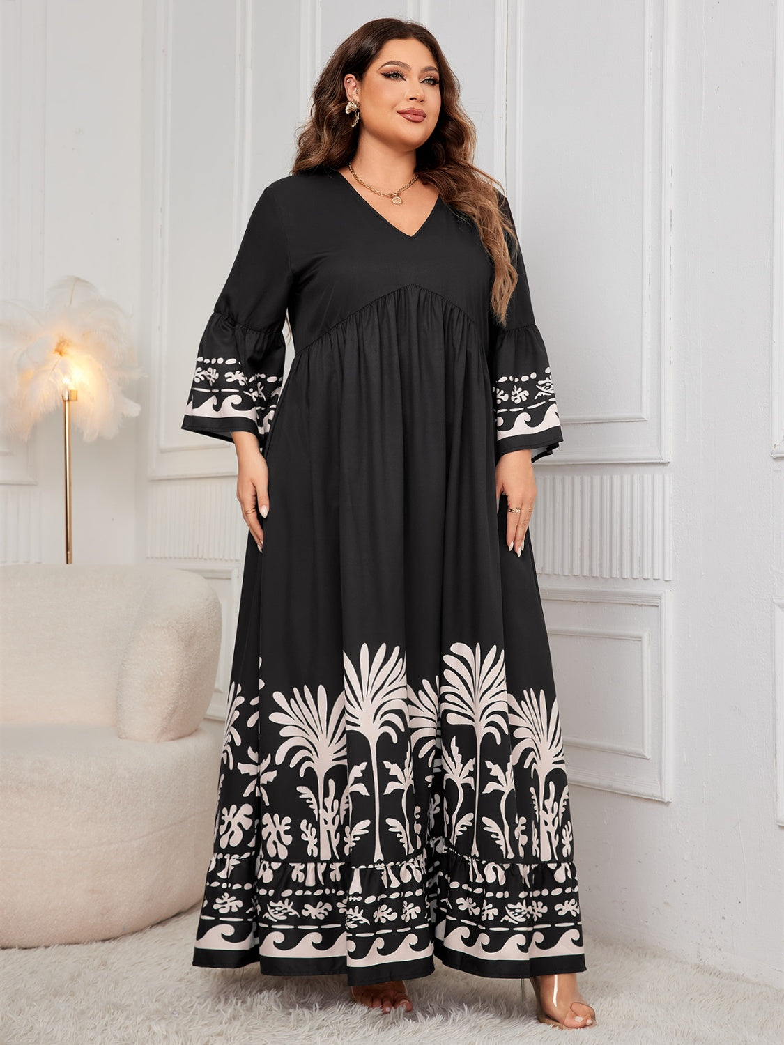 Blue Zone Planet | Plus Size Printed V-Neck Long Sleeve Maxi Dress-TOPS / DRESSES-[Adult]-[Female]-2022 Online Blue Zone Planet