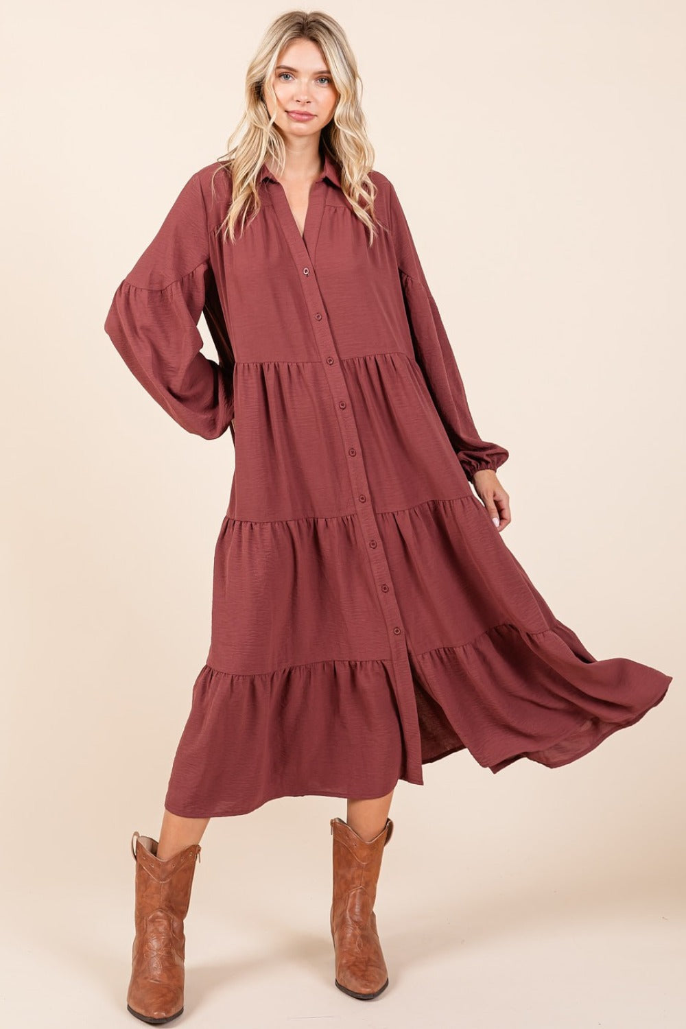 Blue Zone Planet | Mittoshop Tiered Button Down Long Sleeve Midi Dress-TOPS / DRESSES-[Adult]-[Female]-2022 Online Blue Zone Planet