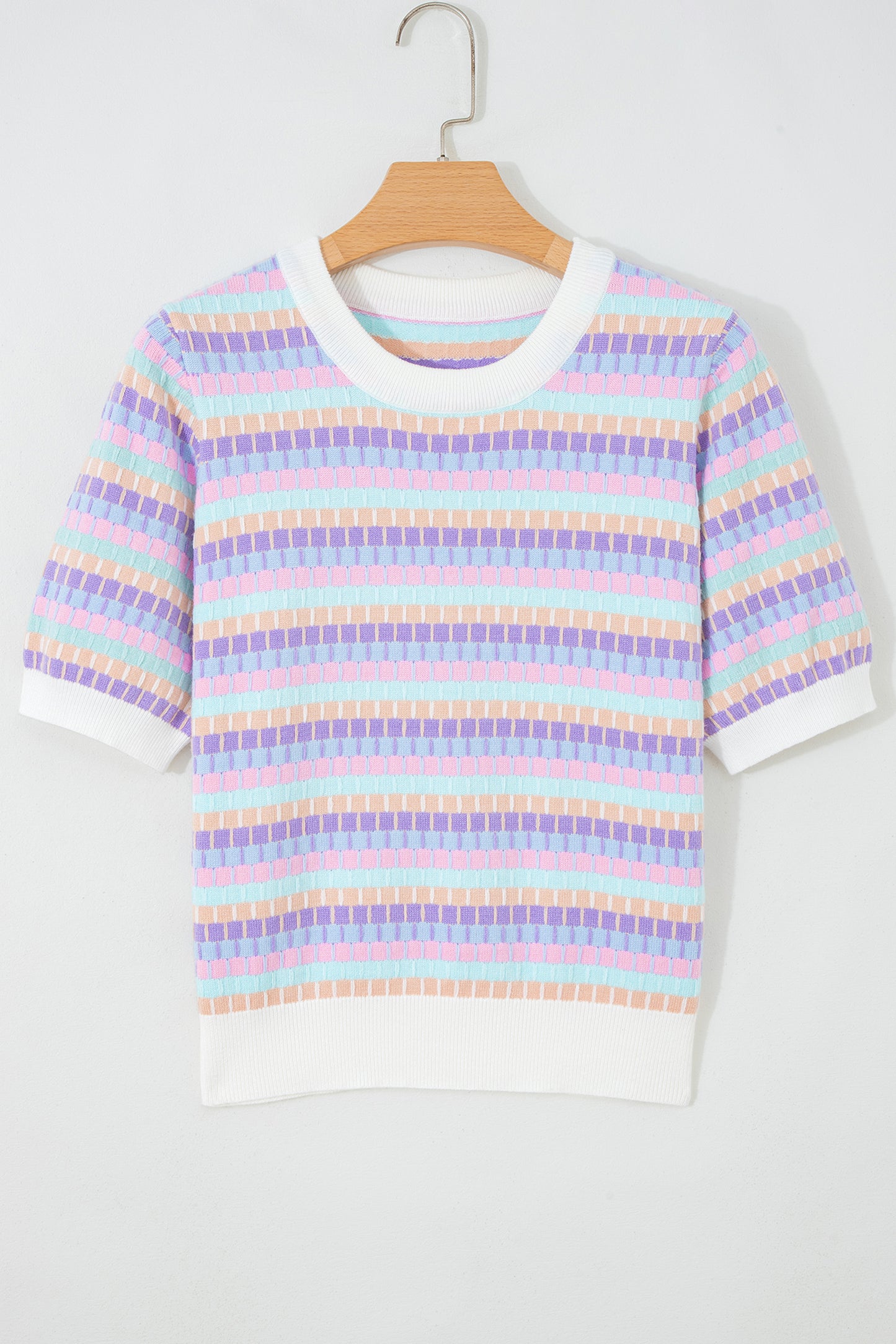 Orange Abstract Striped Knit Short Sleeve Sweater-Sweaters & Cardigans/Short Sleeve Sweaters-[Adult]-[Female]-2022 Online Blue Zone Planet