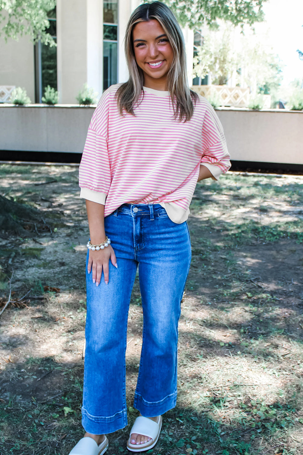 Pink Striped 3/4 Sleeve Drop Shoulder Top-Tops/Long Sleeve Tops-[Adult]-[Female]-2022 Online Blue Zone Planet