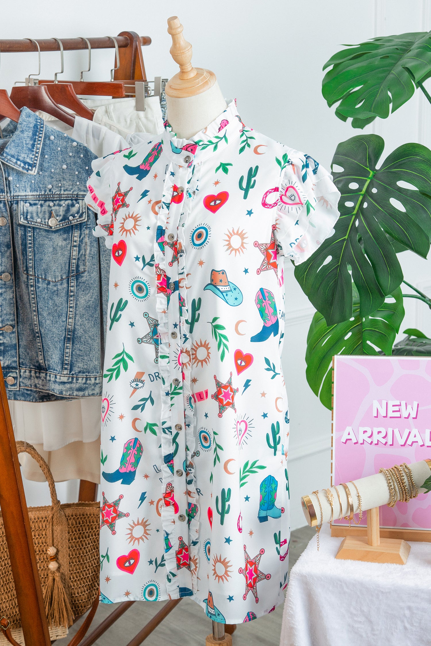 White Western Print Flutter Sleeve Button Down Mini Dress-TOPS / DRESSES-[Adult]-[Female]-2022 Online Blue Zone Planet