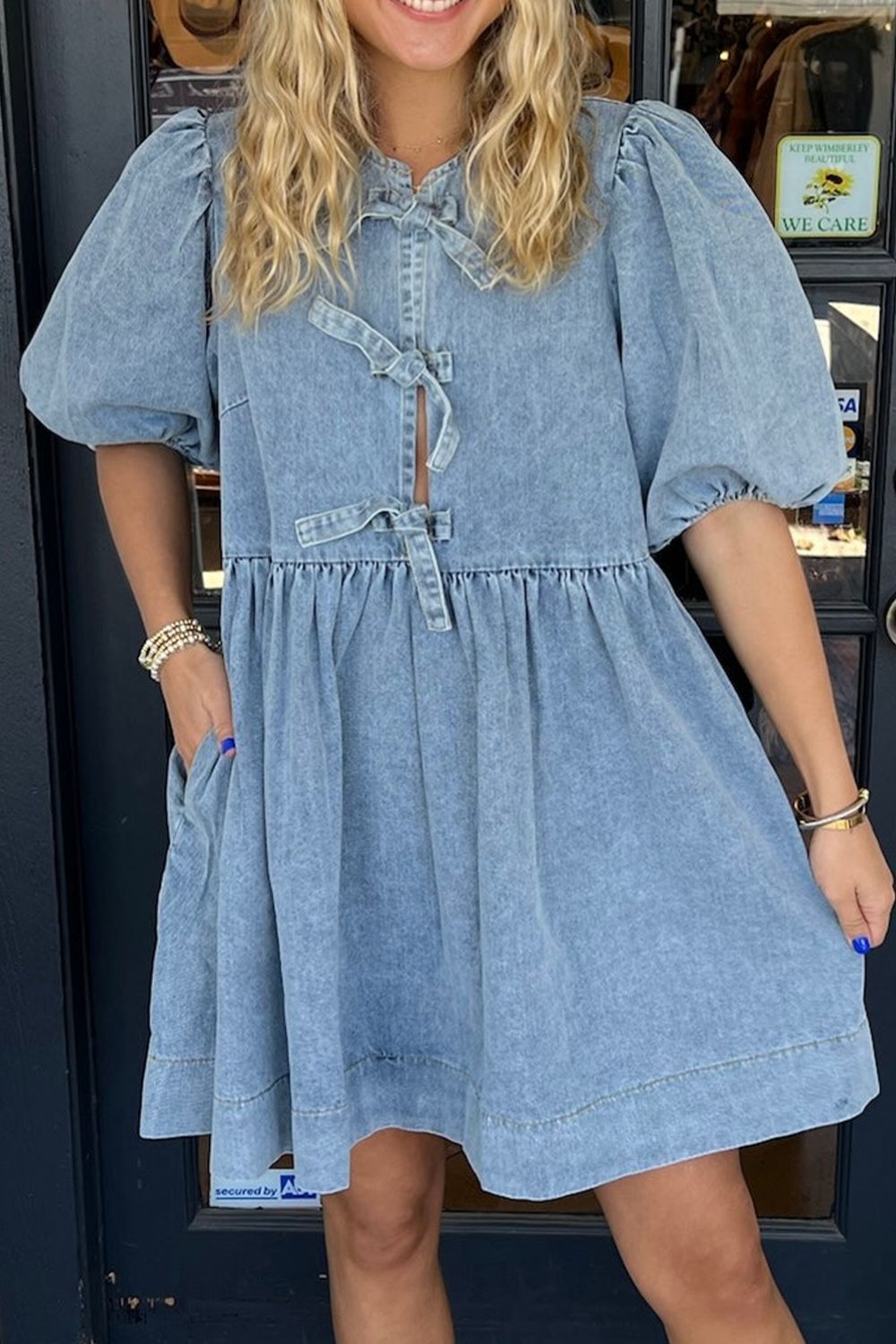 Bowknot Round Neck Half Sleeve Denim Dress-TOPS / DRESSES-[Adult]-[Female]-2022 Online Blue Zone Planet