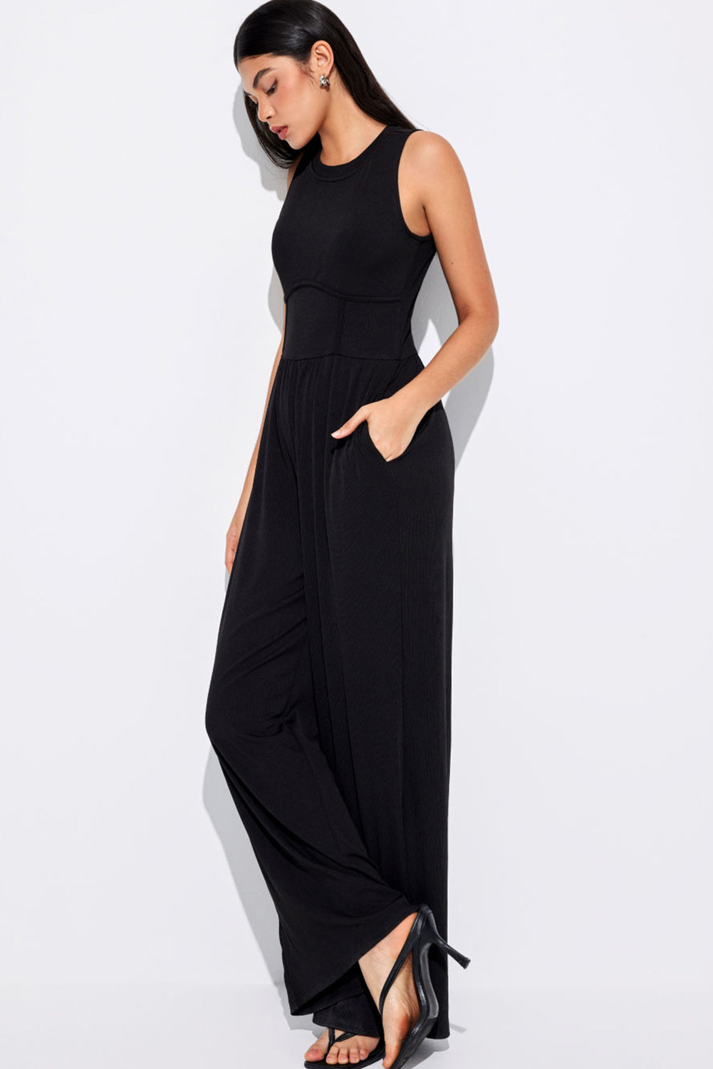 Black Cinched Waist Sleeveless Wide Leg Jumpsuit Blue Zone Planet