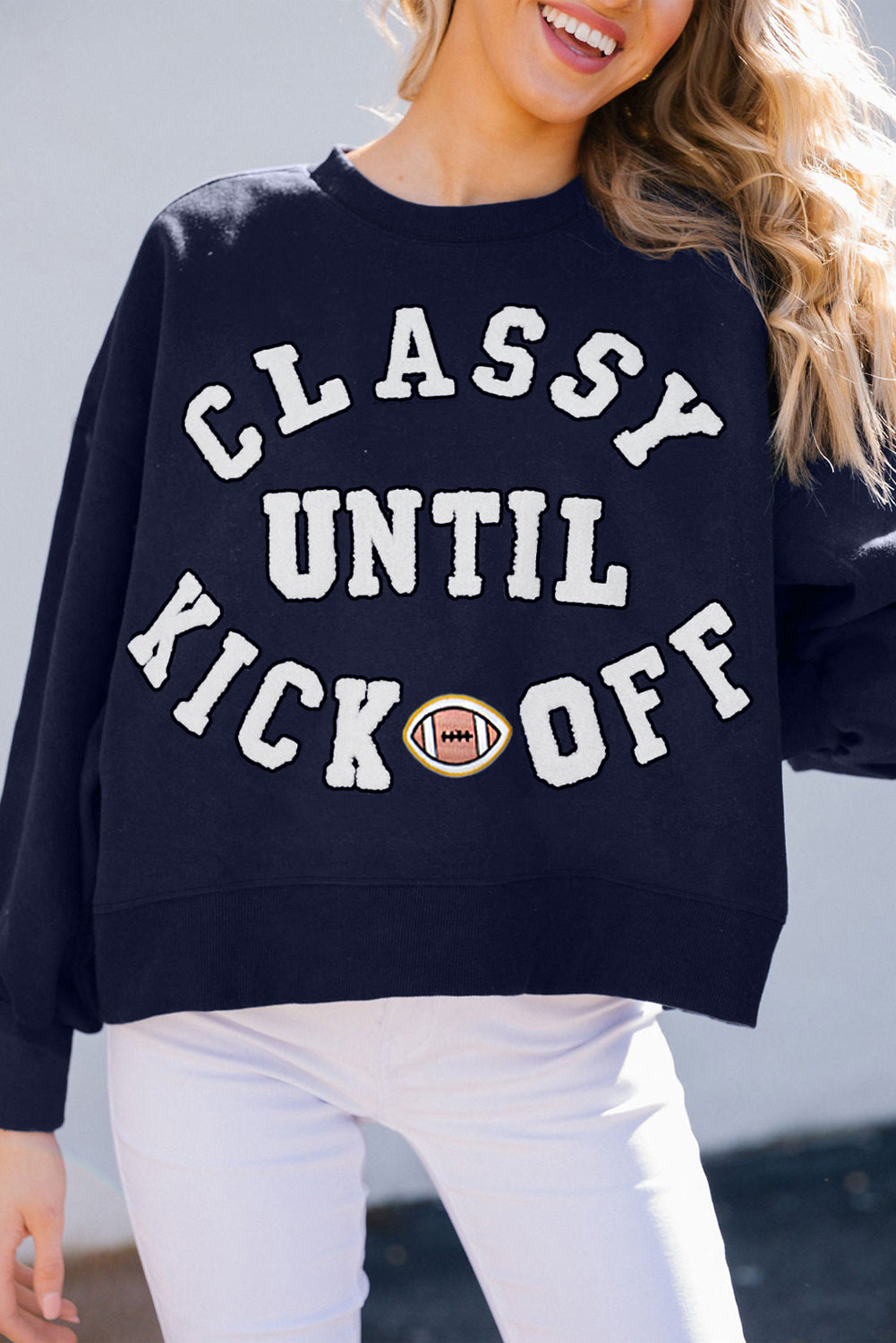 Navy Blue Classy Until Kickoff Plush Letter Patched Loose Sweatshirt-Tops/Sweatshirts & Hoodies-[Adult]-[Female]-Navy Blue-S-2022 Online Blue Zone Planet