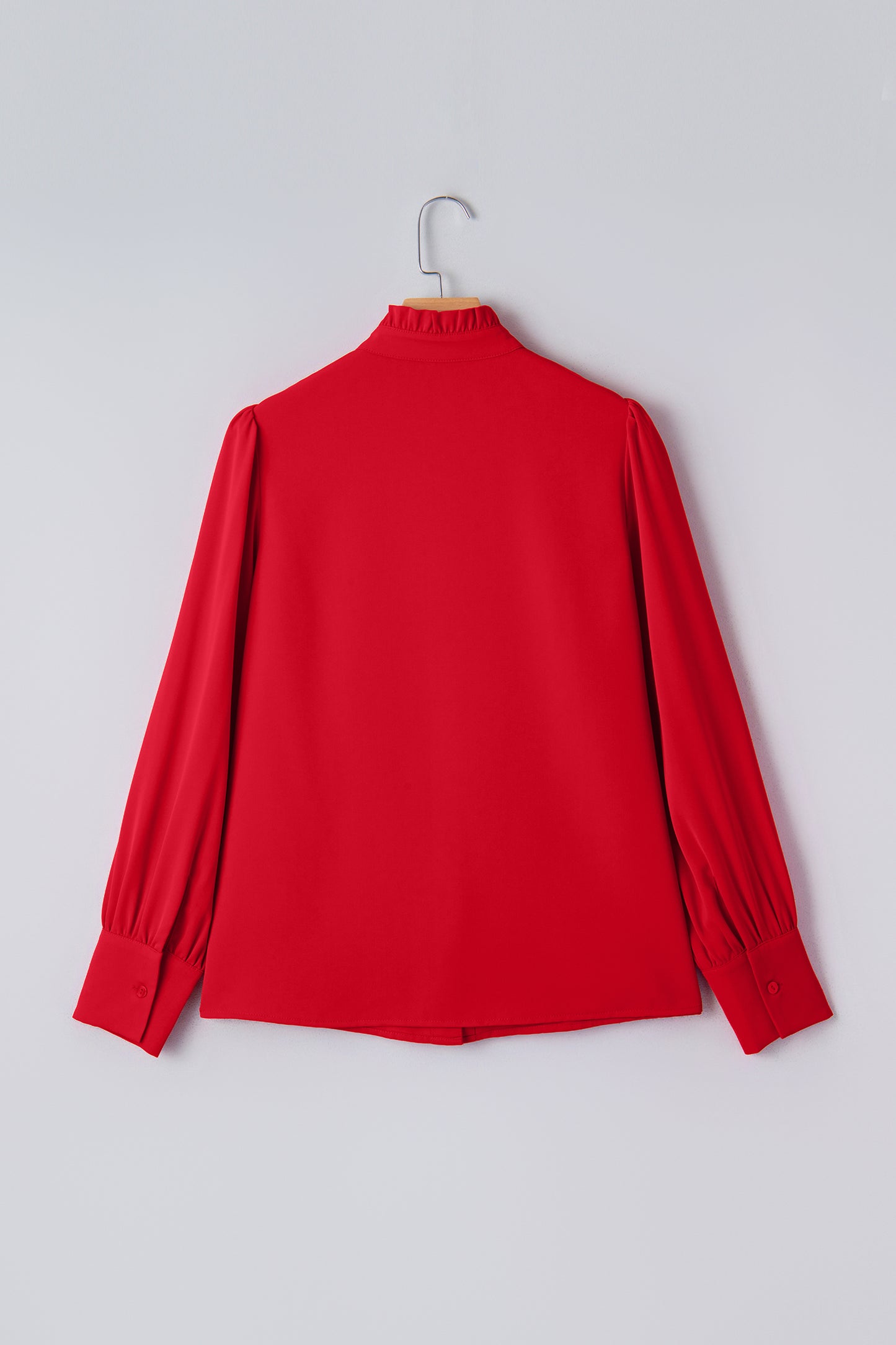 Fiery Red Frilled Trim Button Up Pleated Long Sleeve Shirt-Tops/Blouses & Shirts-[Adult]-[Female]-2022 Online Blue Zone Planet