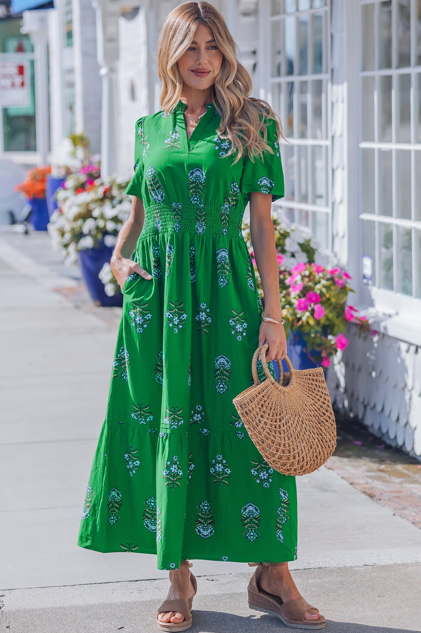 Green Floral Print Split Neck Shirred High Waist Ruffle Hem Maxi Dress-TOPS / DRESSES-[Adult]-[Female]-2022 Online Blue Zone Planet