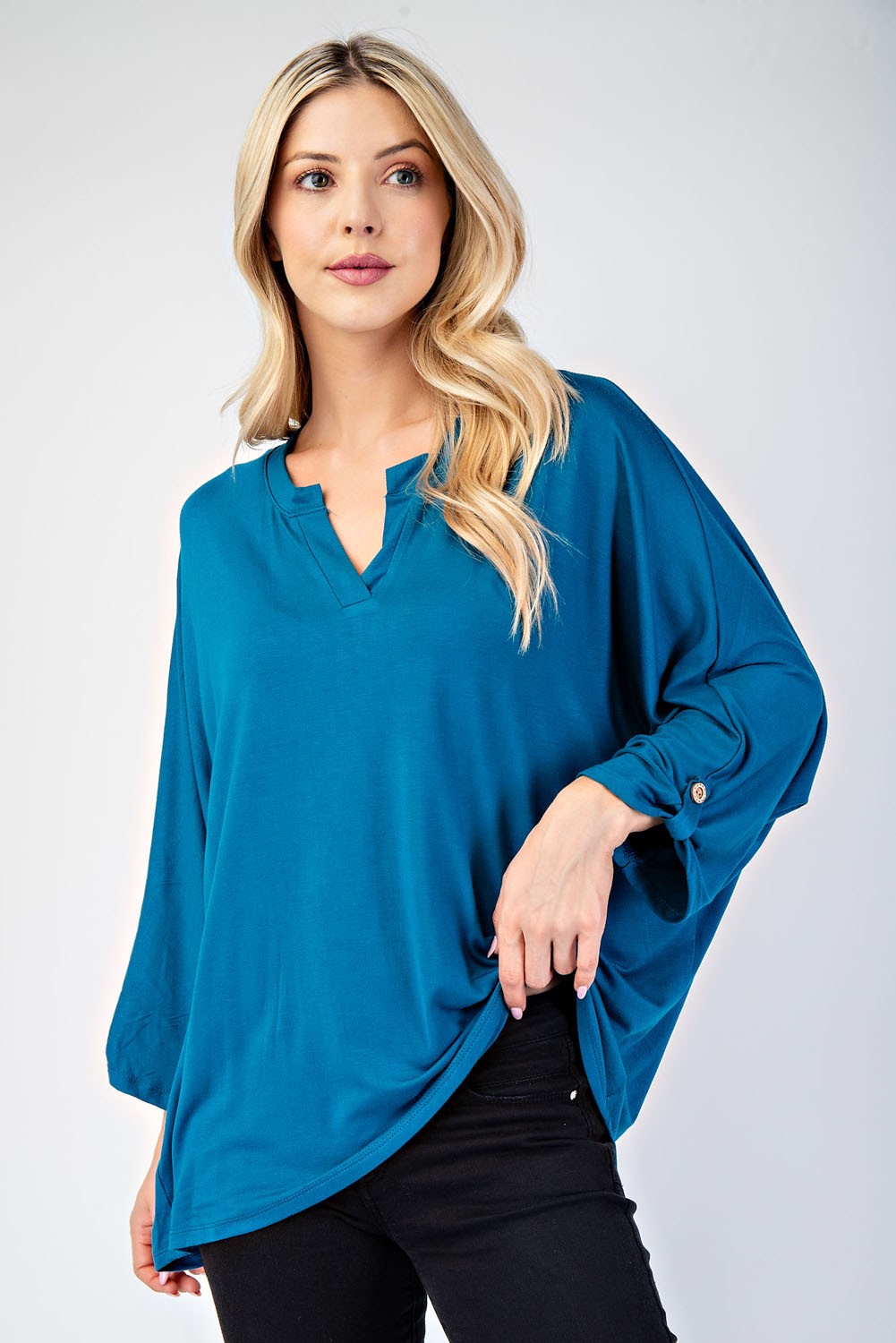 Celeste Full Size Notched Three-Quarter Sleeve Blouse-TOPS / DRESSES-[Adult]-[Female]-Teal-S-2022 Online Blue Zone Planet