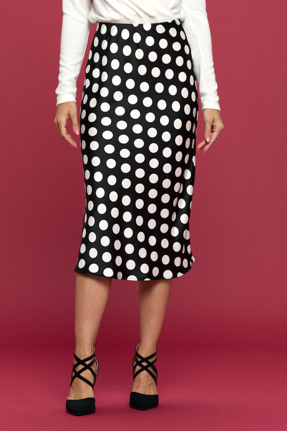 RENEE C Polka Dot Satin Midi Skirt-TOPS / DRESSES-[Adult]-[Female]-Black-S-2022 Online Blue Zone Planet