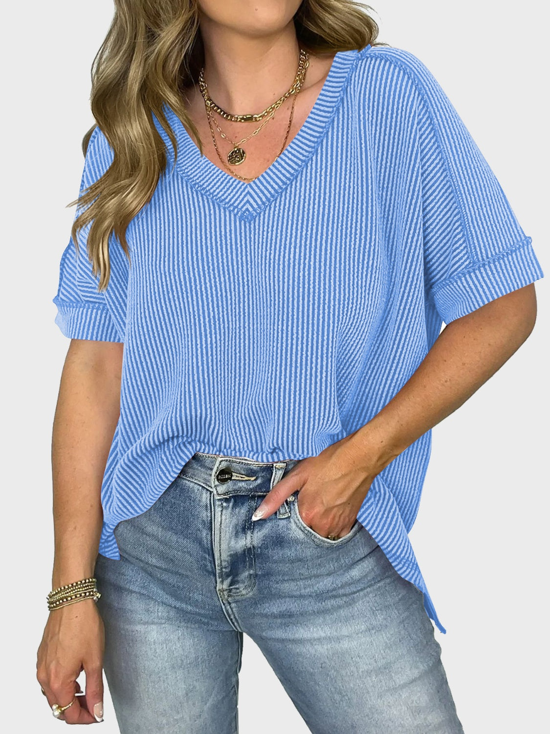 Blue Zone Planet | Lovelet Texture V-Neck Half Sleeve T-Shirt-TOPS / DRESSES-[Adult]-[Female]-2022 Online Blue Zone Planet