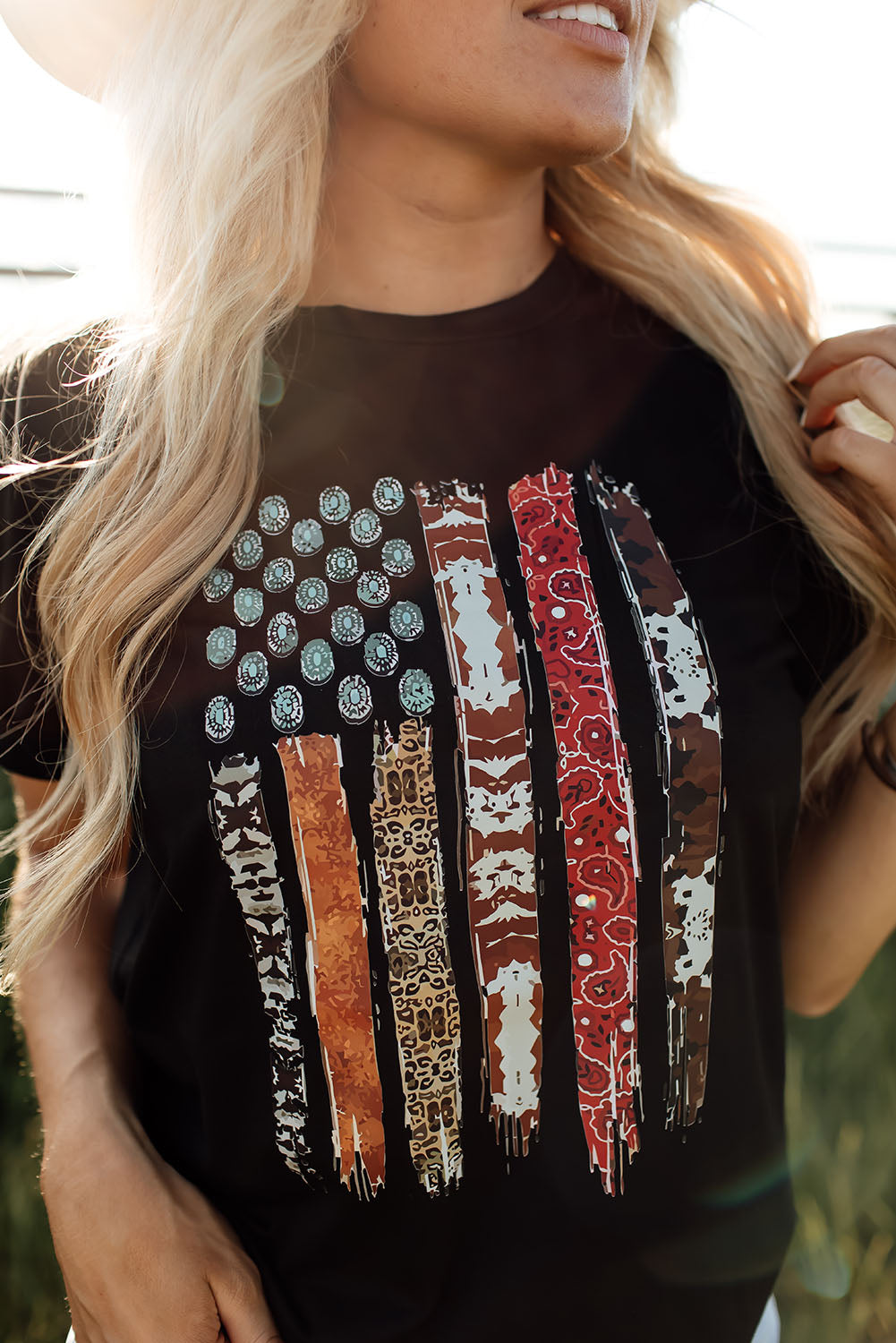Black Western American Flag Graphic Tee-Graphic/Graphic Tees-[Adult]-[Female]-2022 Online Blue Zone Planet