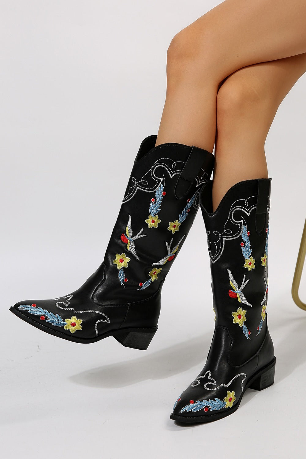 Embroidered Point Toe Block Heel Boots-COWBOY BOOTS-[Adult]-[Female]-2022 Online Blue Zone Planet