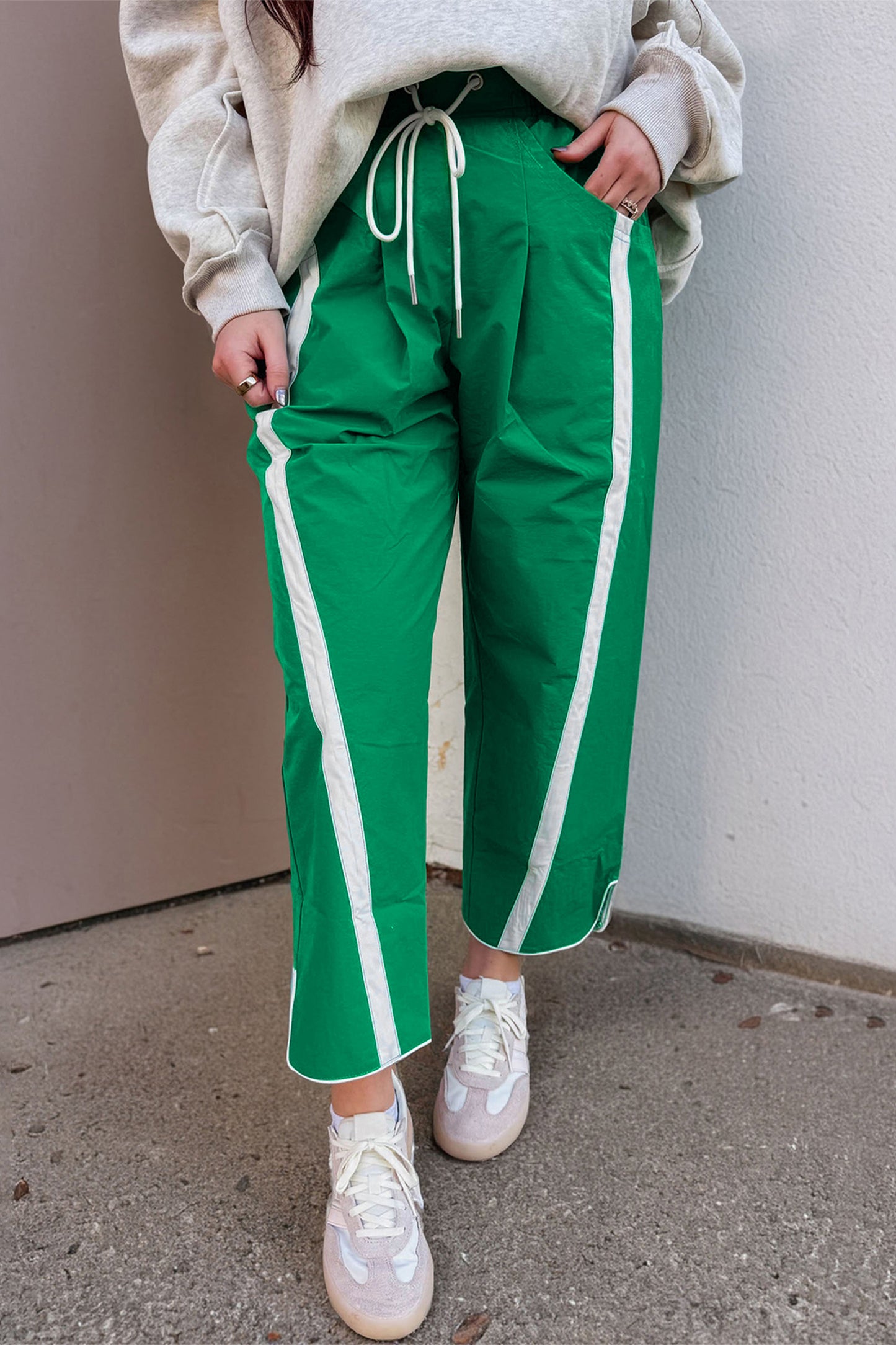 Black Contrast Striped Smocked Waist Drawstring Cropped Casual Pants-Bottoms/Pants & Culotte-[Adult]-[Female]-Bright Green-S-2022 Online Blue Zone Planet