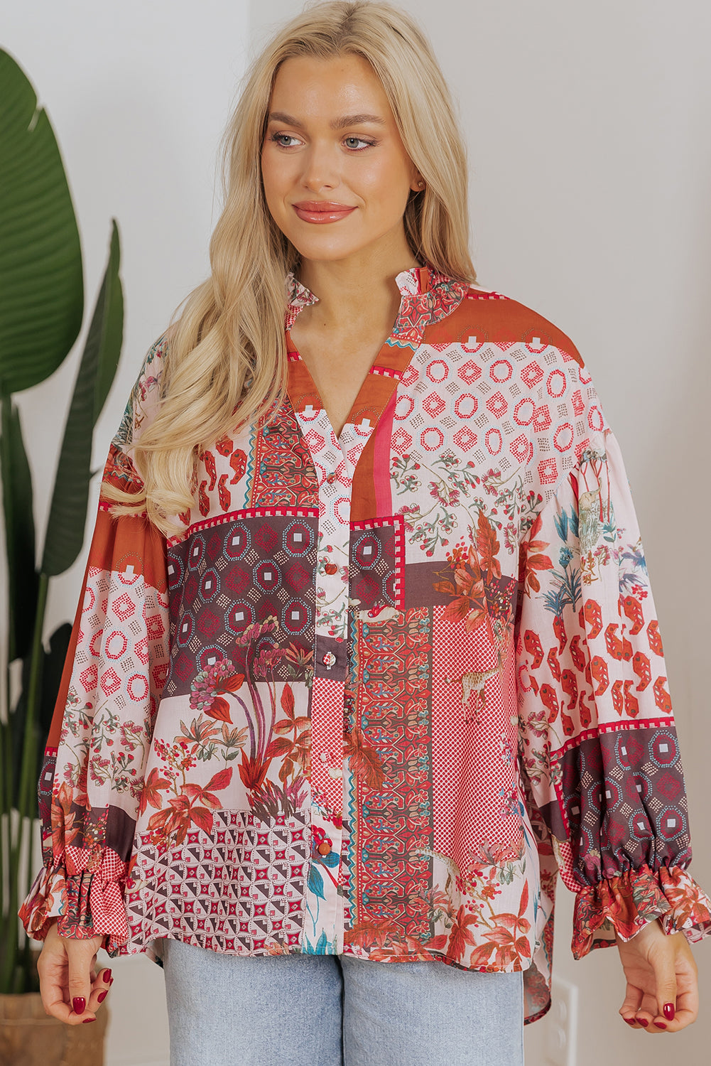 Blue Zone Planet | Red Boho Geometric Mixed Print Patchwork Bubble Sleeve Shirt-Tops/Blouses & Shirts-[Adult]-[Female]-2022 Online Blue Zone Planet
