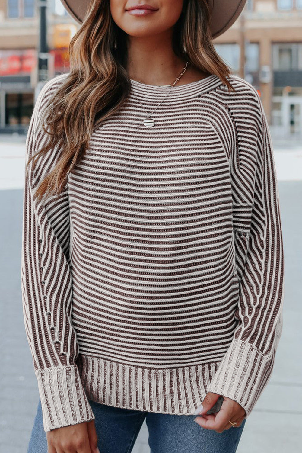Coffee Striped Print Ribbed Knit Boat Neck Baggy Sweater-Sweaters & Cardigans/Sweaters-[Adult]-[Female]-Coffee-S-2022 Online Blue Zone Planet