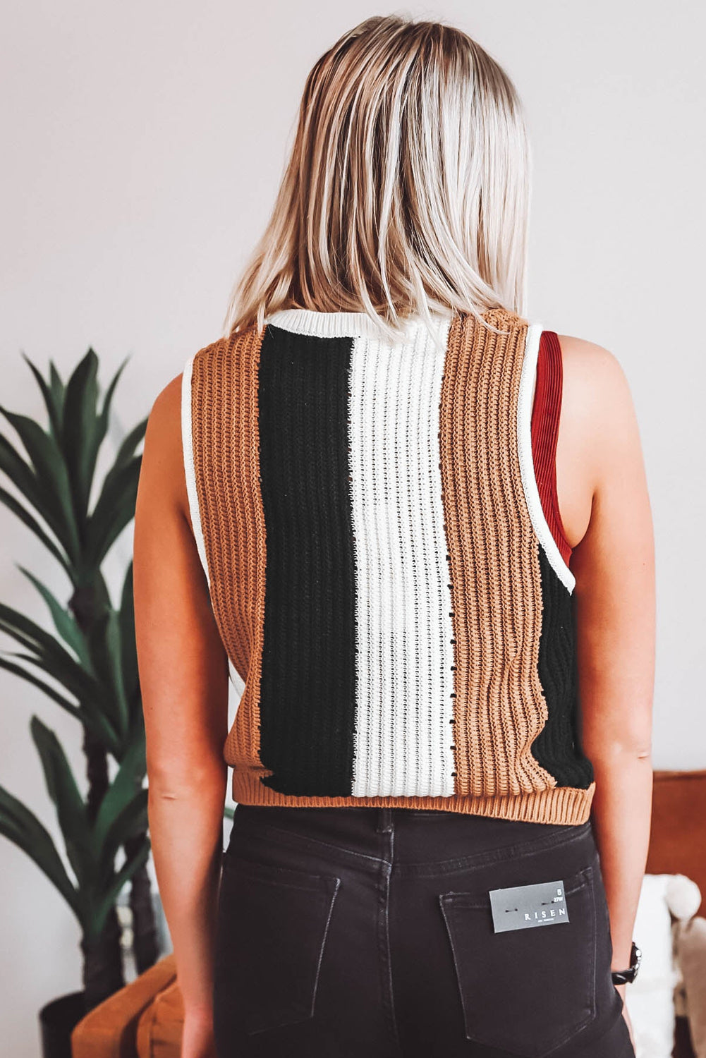 Khaki Stripe Color Block Sleeveless Knitted Sweater Vest-Sweaters & Cardigans/Sweater Vests-[Adult]-[Female]-2022 Online Blue Zone Planet
