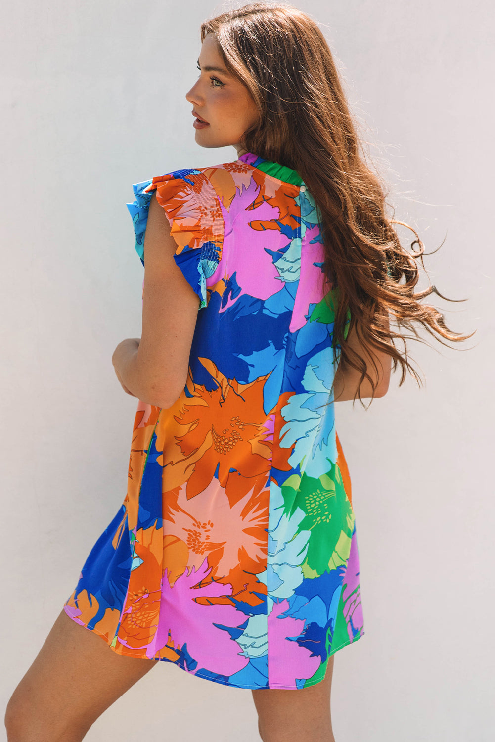 Blue Bold Floral Flutter Sleeve Shift Mini Dress with Pockets-TOPS / DRESSES-[Adult]-[Female]-2022 Online Blue Zone Planet