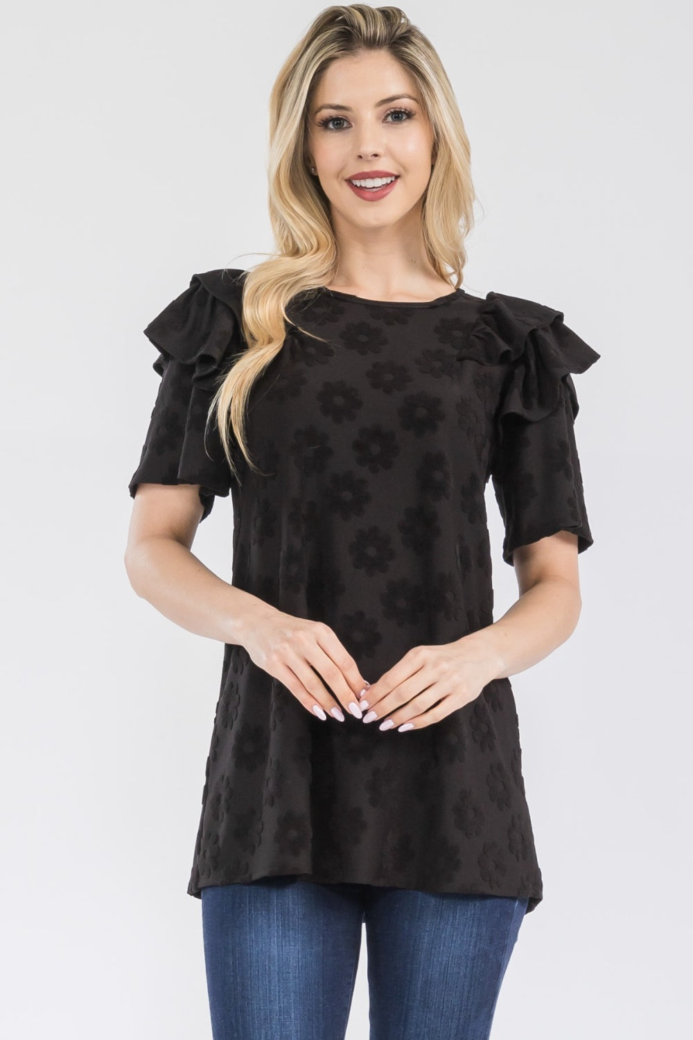 Celeste Full Size Ruffle Layered Short Sleeve Daisy Floral Top-TOPS / DRESSES-[Adult]-[Female]-2022 Online Blue Zone Planet