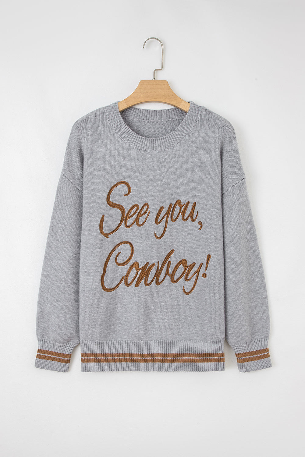 Light Grey See You Cowboy Embroidered Western Graphic Sweater-TOPS / DRESSES-[Adult]-[Female]-2022 Online Blue Zone Planet
