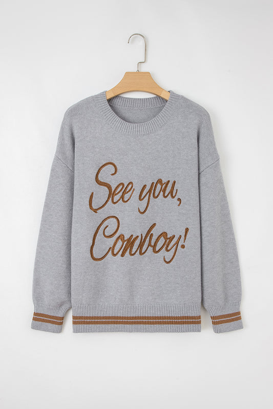 Light Grey See You Cowboy Embroidered Western Graphic Sweater-TOPS / DRESSES-[Adult]-[Female]-2022 Online Blue Zone Planet