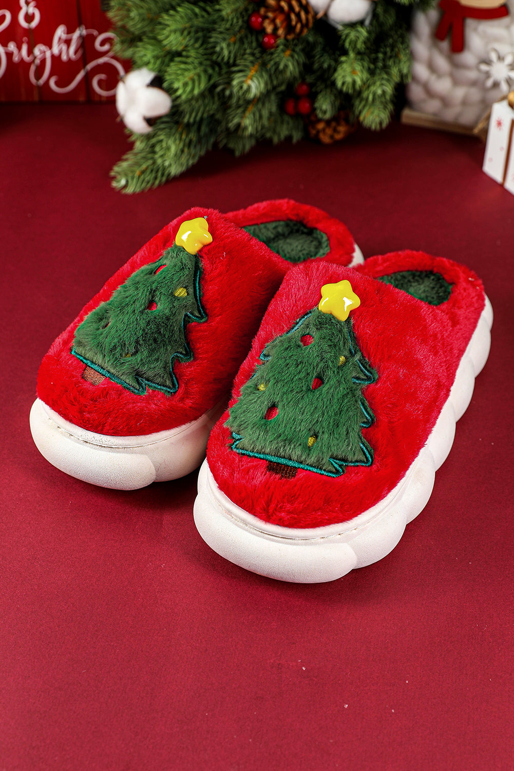 Fiery Red Christmas Tree Graphic Thick Sole Plush Slippers-Shoes & Bags/Slippers-[Adult]-[Female]-2022 Online Blue Zone Planet