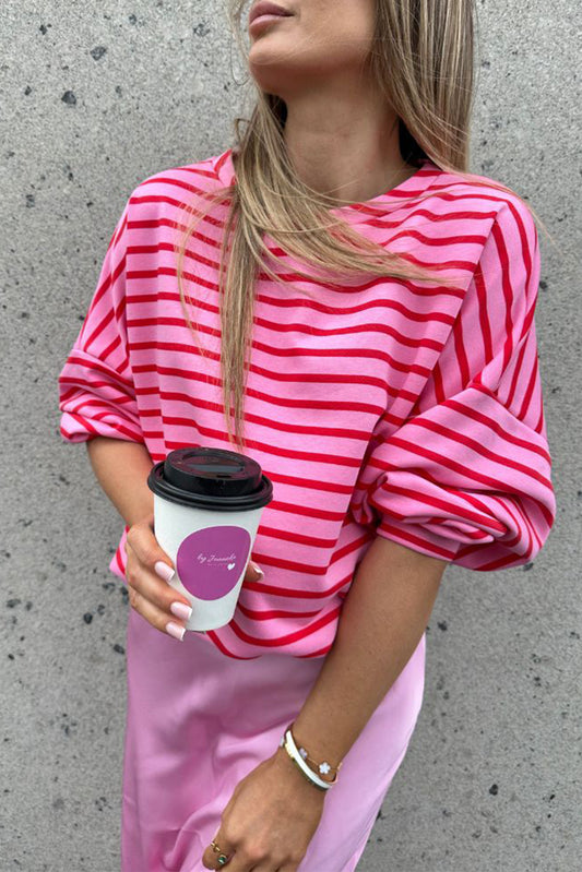 Striped Round Neck Long Sleeve Sweatshirt-TOPS / DRESSES-[Adult]-[Female]-Hot Pink-S-2022 Online Blue Zone Planet