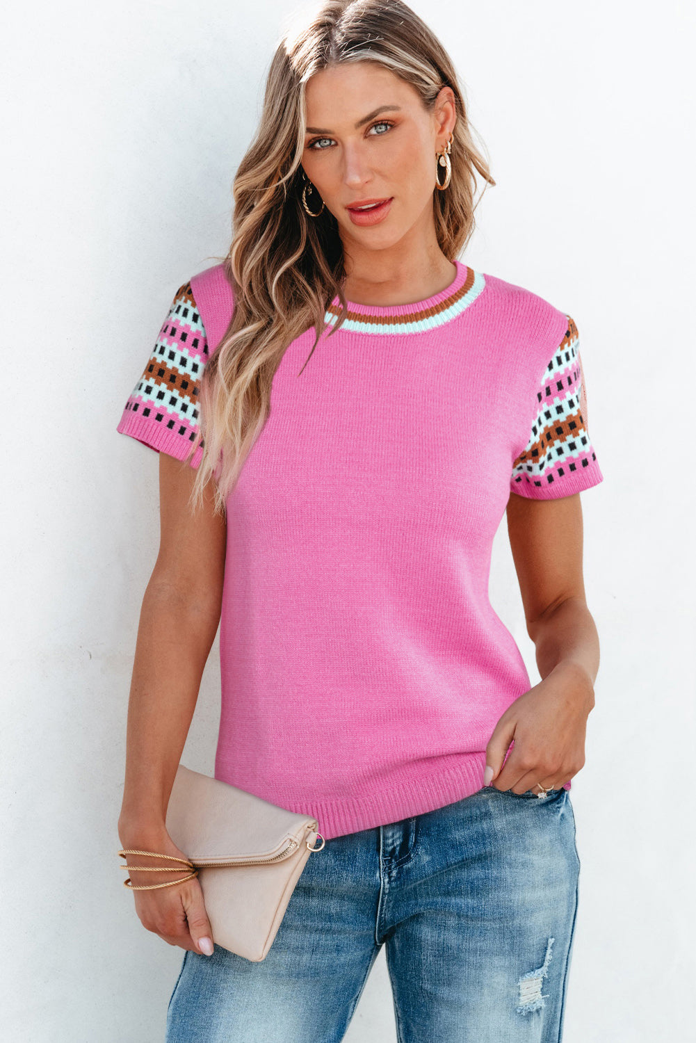 Bright Pink Contrast Printed Cap Sleeves Crewneck Sweater-Sweaters & Cardigans/Short Sleeve Sweaters-[Adult]-[Female]-2022 Online Blue Zone Planet
