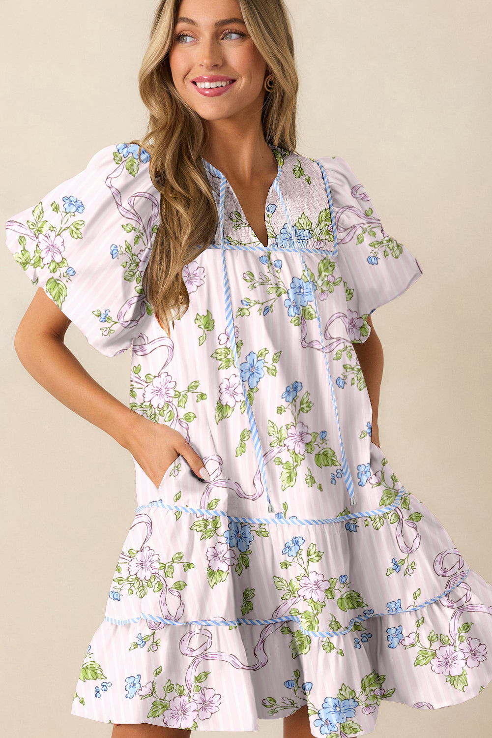 Pink Floral Striped Print Contrast Trim Tie Split Neck Mini Dress-TOPS / DRESSES-[Adult]-[Female]-2022 Online Blue Zone Planet