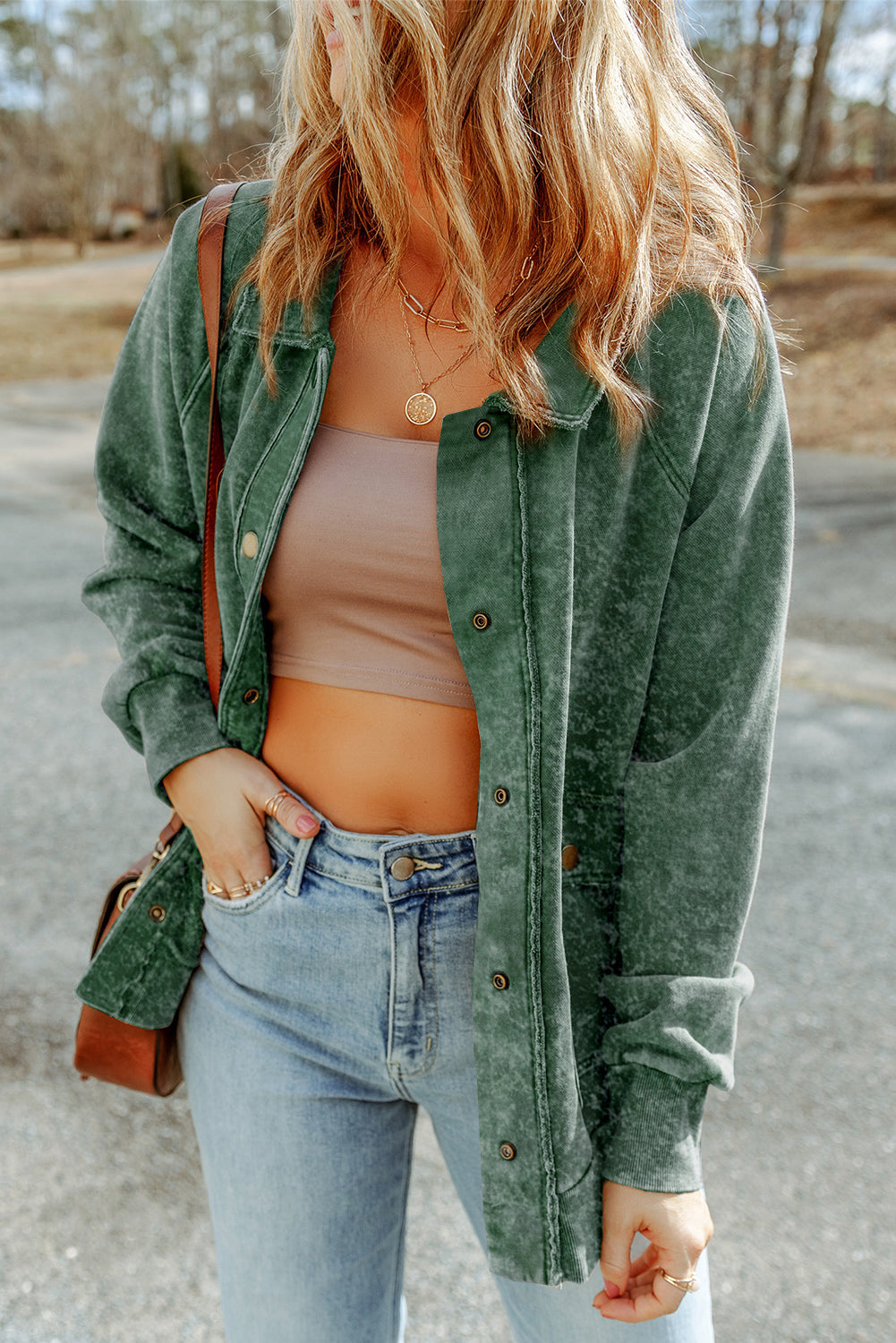 Gray Vintage Washed Flap Pocket Button Shacket-Outerwear/Jackets-[Adult]-[Female]-2022 Online Blue Zone Planet