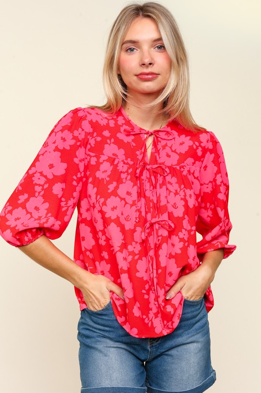 Blue Zone Planet | Haptics Full Size Ribbon Bow Floral Balloon Sleeve Blouse-TOPS / DRESSES-[Adult]-[Female]-2022 Online Blue Zone Planet