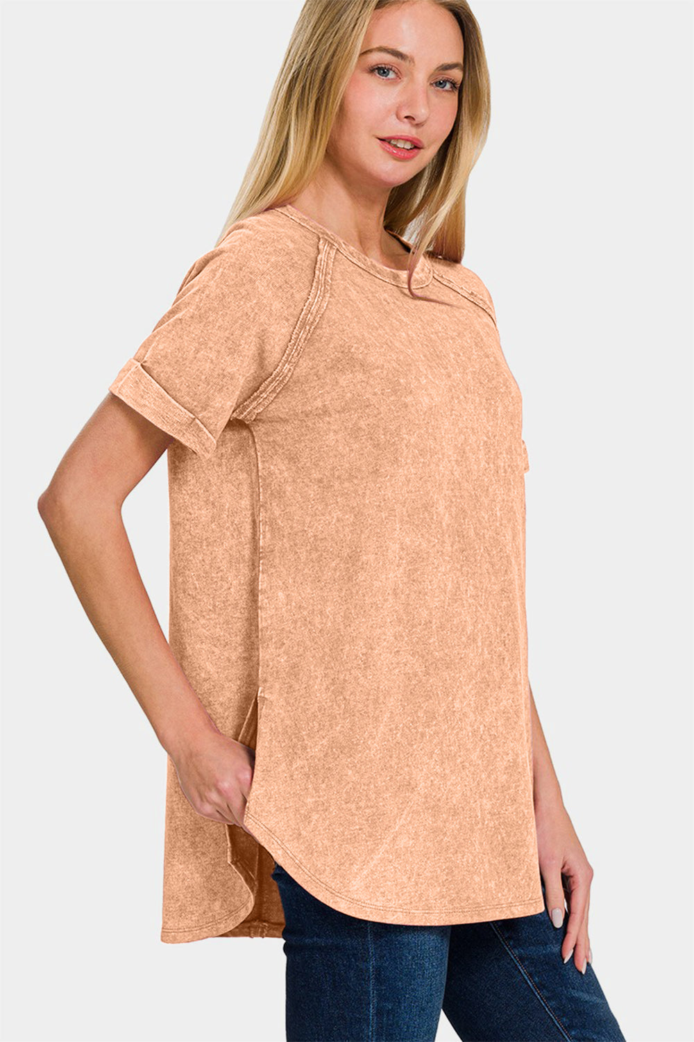 Zenana Heathered Round Neck Short Sleeve Top-TOPS / DRESSES-[Adult]-[Female]-2022 Online Blue Zone Planet