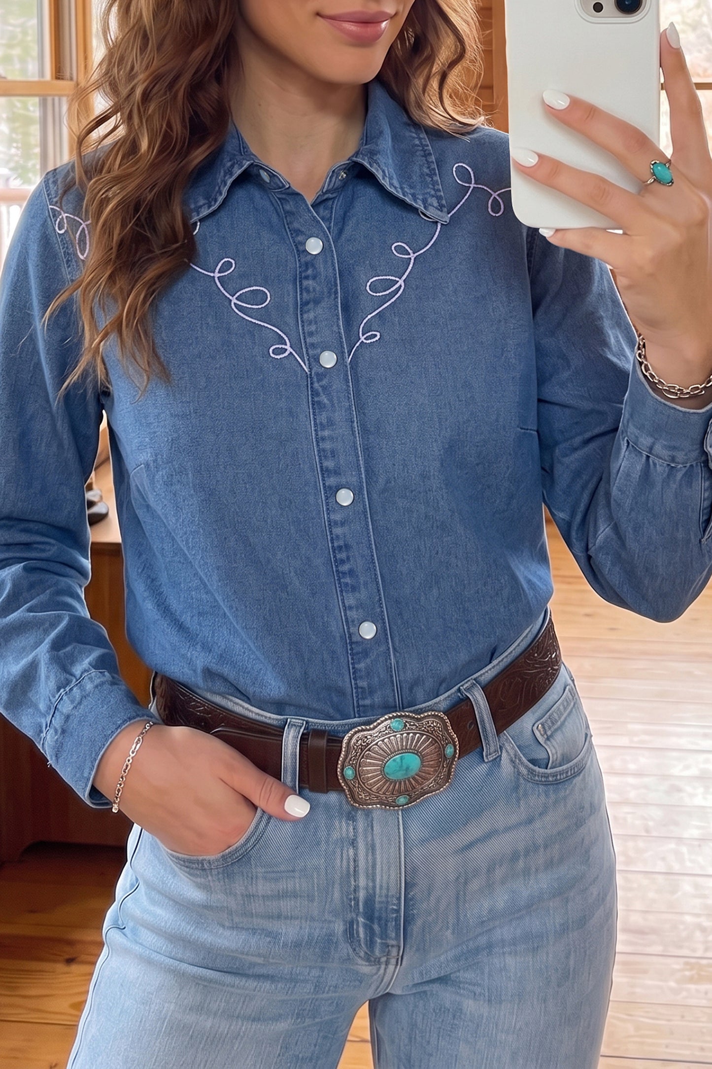 Dusk Blue Western Embroidered Collar Long Sleeve Denim Shirt
