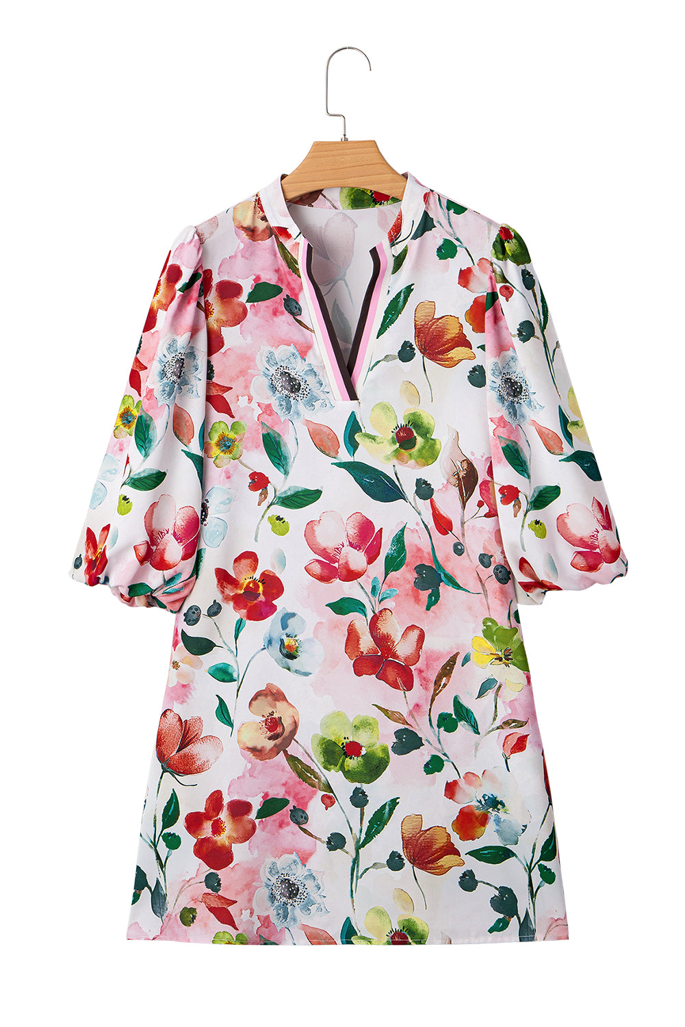 Red Floral Contrast Striped V Neck Puff Half Sleeve Shift Dress-TOPS / DRESSES-[Adult]-[Female]-2022 Online Blue Zone Planet