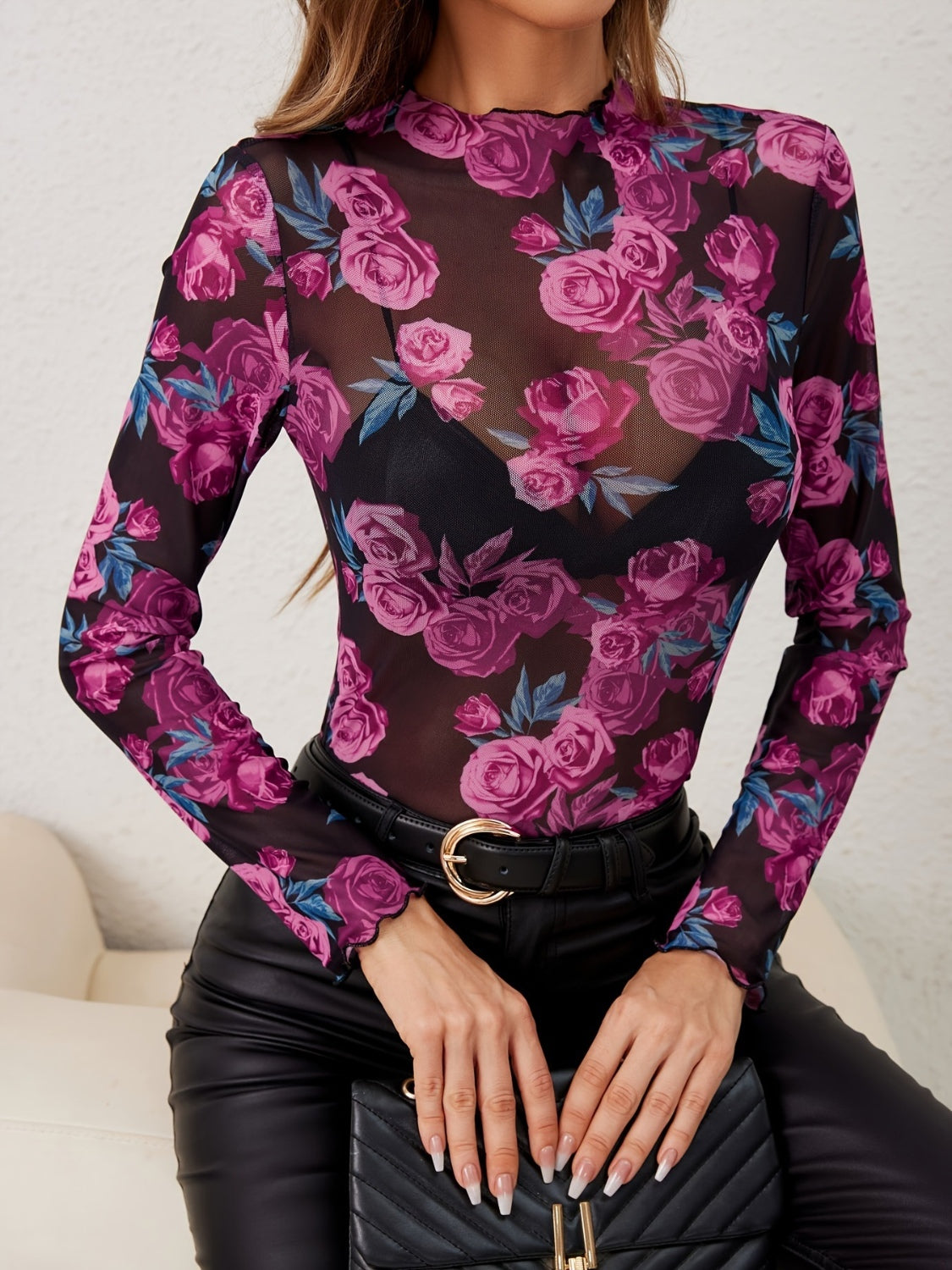 Floral Mock Neck Long Sleeve Top-TOPS / DRESSES-[Adult]-[Female]-2022 Online Blue Zone Planet