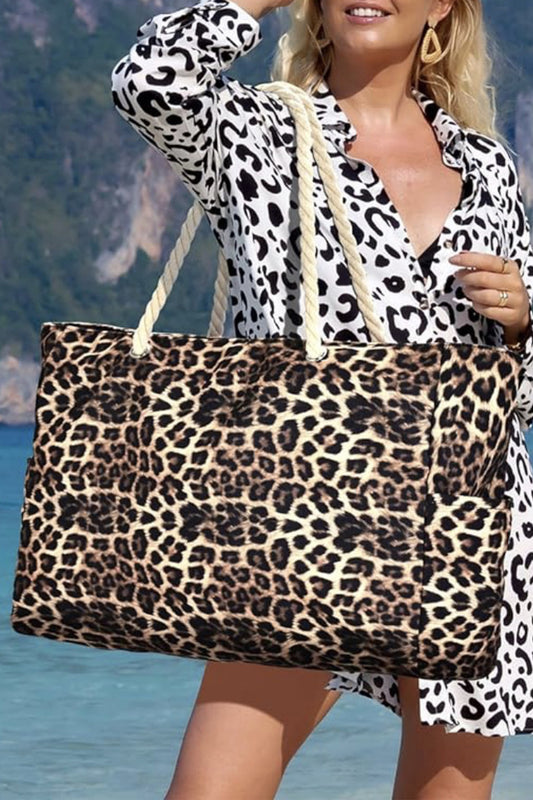 Coffee Leopard Print Rope Straps Large Travel Shopping Bag-Shoes & Bags/Shoulder Bags-[Adult]-[Female]-Coffee-ONE SIZE-2022 Online Blue Zone Planet