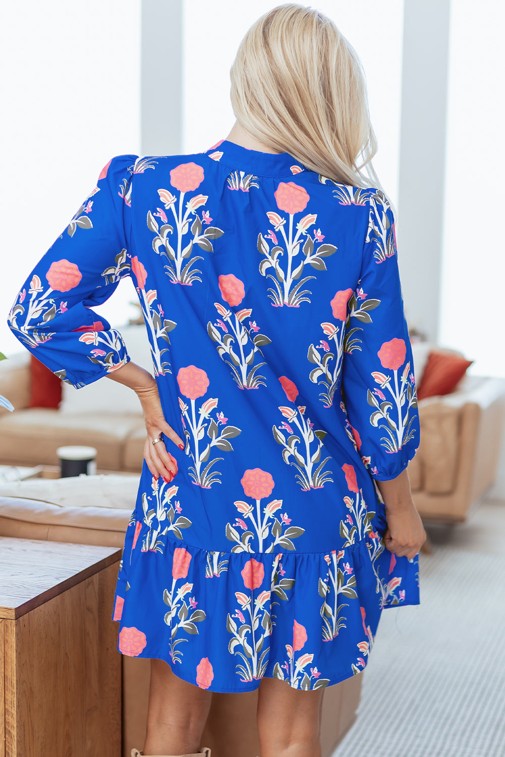 Blue Floral Print Button Detail 3/4 Puff Sleeve Ruffle Hem Dress-Dresses/Floral Dresses-[Adult]-[Female]-2022 Online Blue Zone Planet