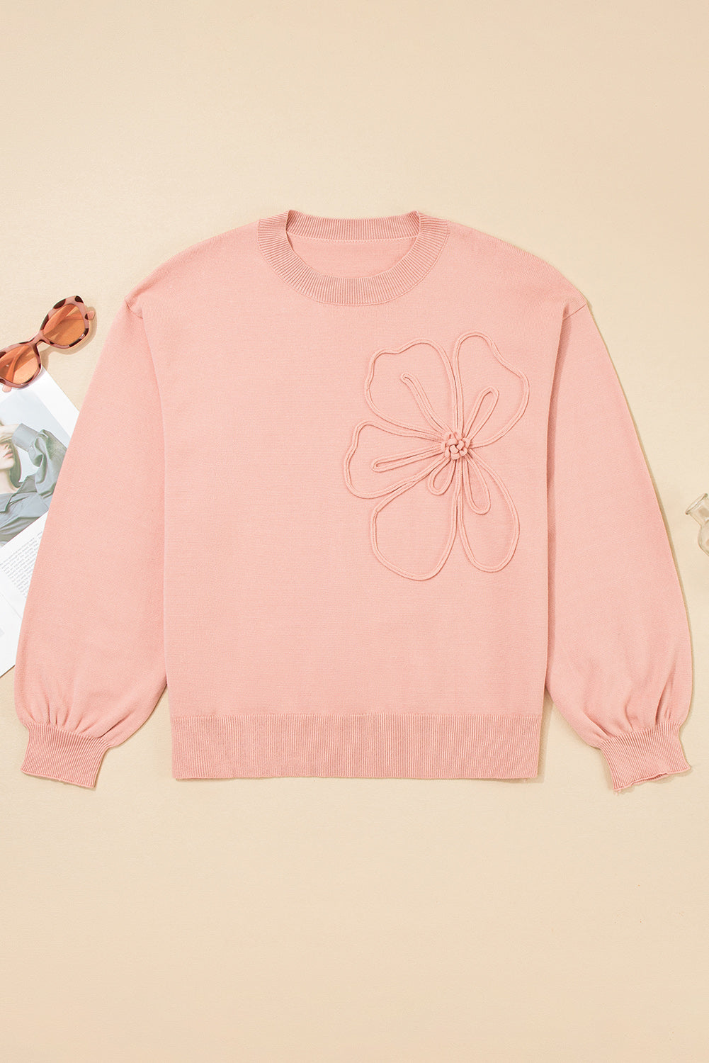 Peach Blossom Big Flower Accent Bubble Sleeve Drop Shoulder Sweater-TOPS / DRESSES-[Adult]-[Female]-2022 Online Blue Zone Planet