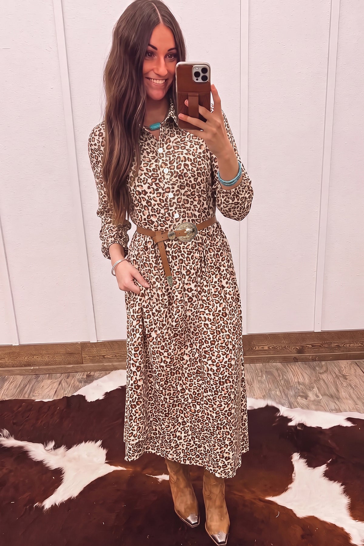 Brown Leopard Print 3/4 Sleeve Shirt Collar Buttoned Long Dress-Dresses/Maxi Dresses-[Adult]-[Female]-2022 Online Blue Zone Planet