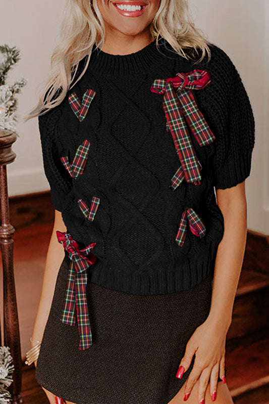 Black Plaid Lace up Detail Christmas Holiday Puff Short Sleeve Sweater-Sweaters & Cardigans/Short Sleeve Sweaters-[Adult]-[Female]-Black-S-2022 Online Blue Zone Planet