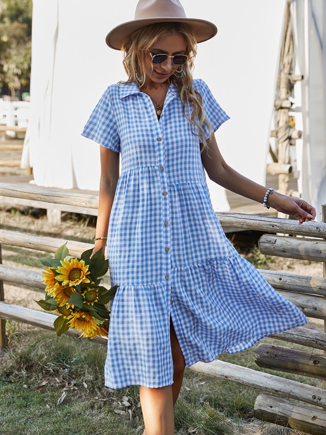 Blue Zone Planet | Button Up Plaid Short Sleeve Midi Dress-TOPS / DRESSES-[Adult]-[Female]-2022 Online Blue Zone Planet