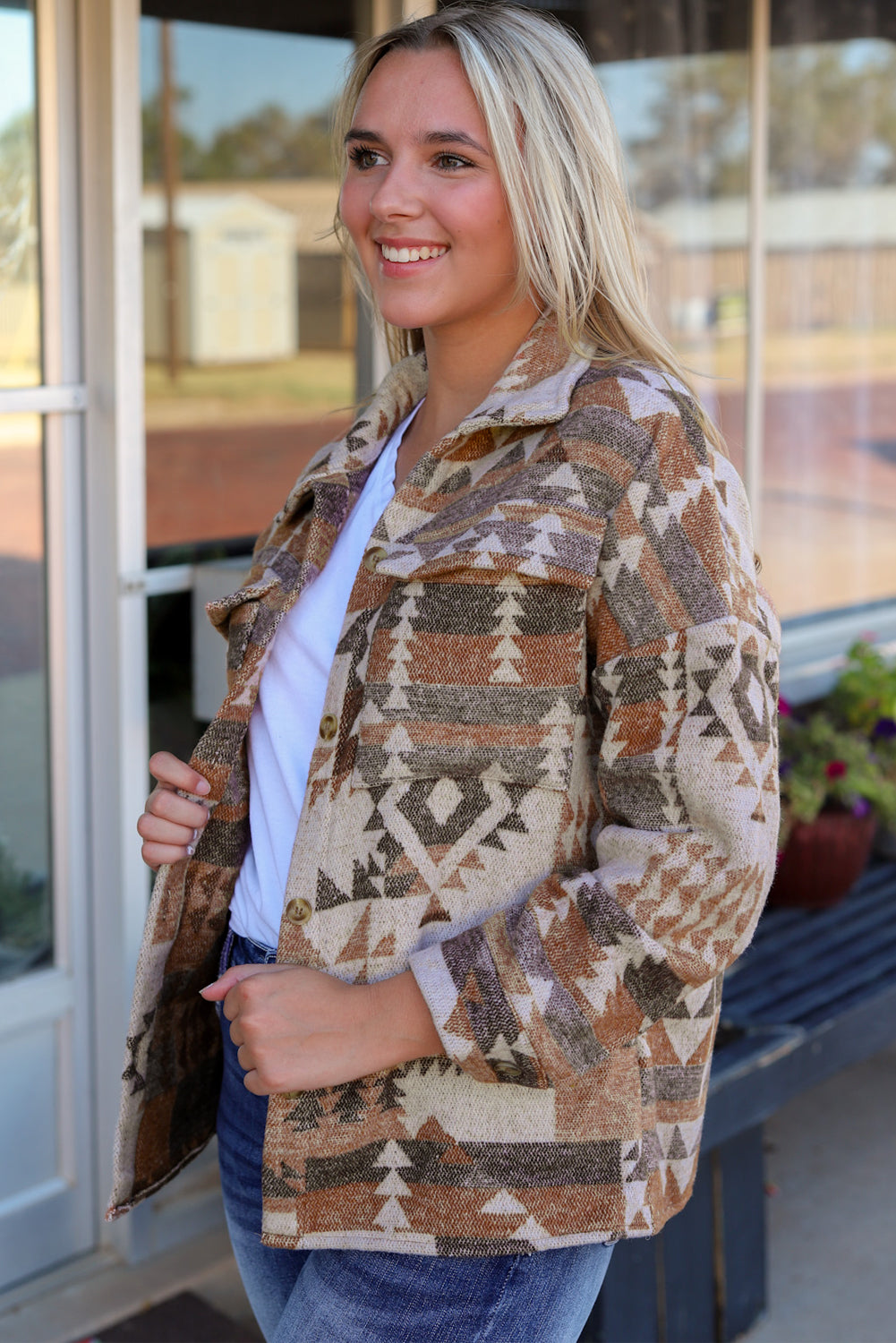 Brown Aztec Print Flap Pocket Button-up Jacket-Outerwear/Jackets-[Adult]-[Female]-2022 Online Blue Zone Planet