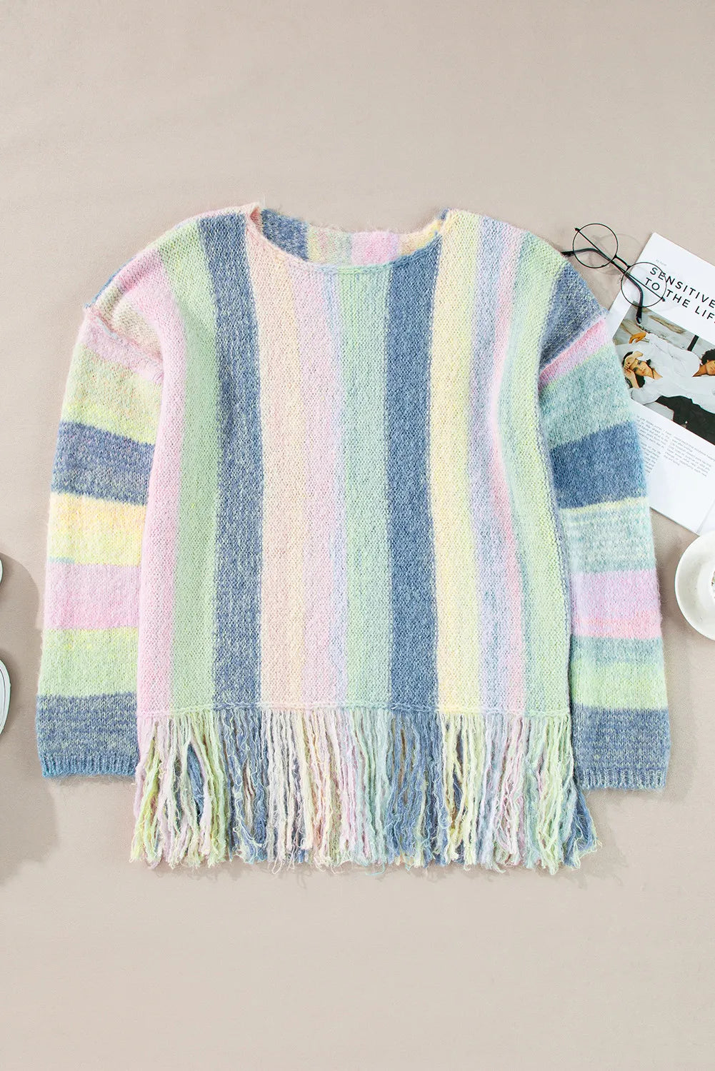 Fringe Color Block Round Neck Sweater-TOPS / DRESSES-[Adult]-[Female]-2022 Online Blue Zone Planet