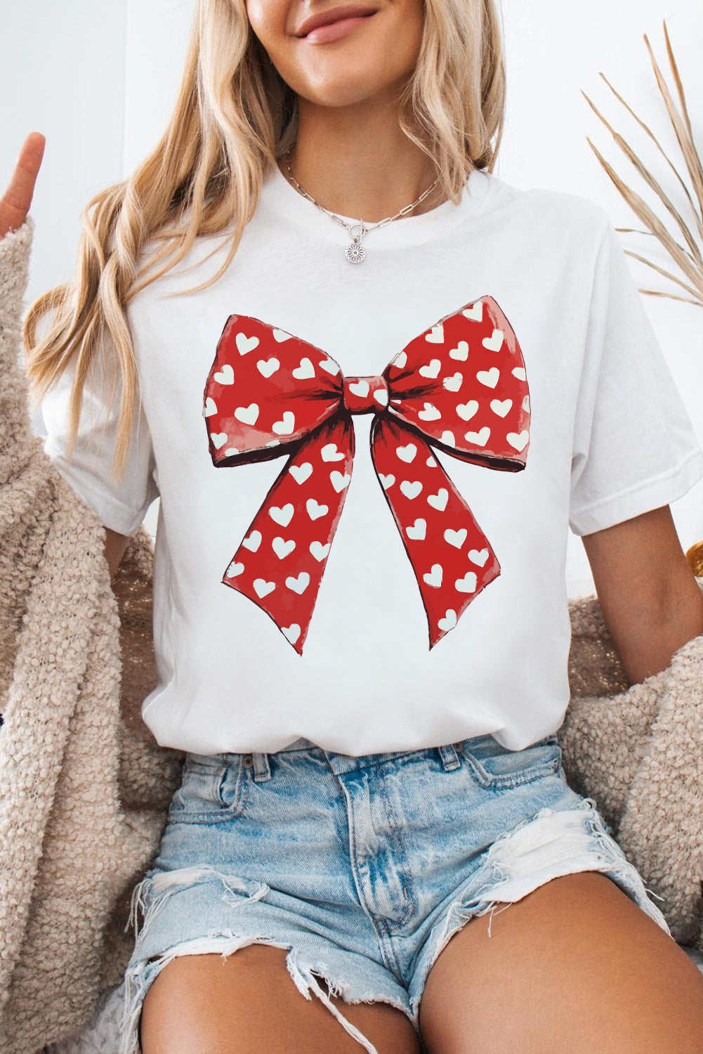 White Heart Bow Printed Crewneck Valentines T Shirt-Graphic Tees-[Adult]-[Female]-White-S-2022 Online Blue Zone Planet