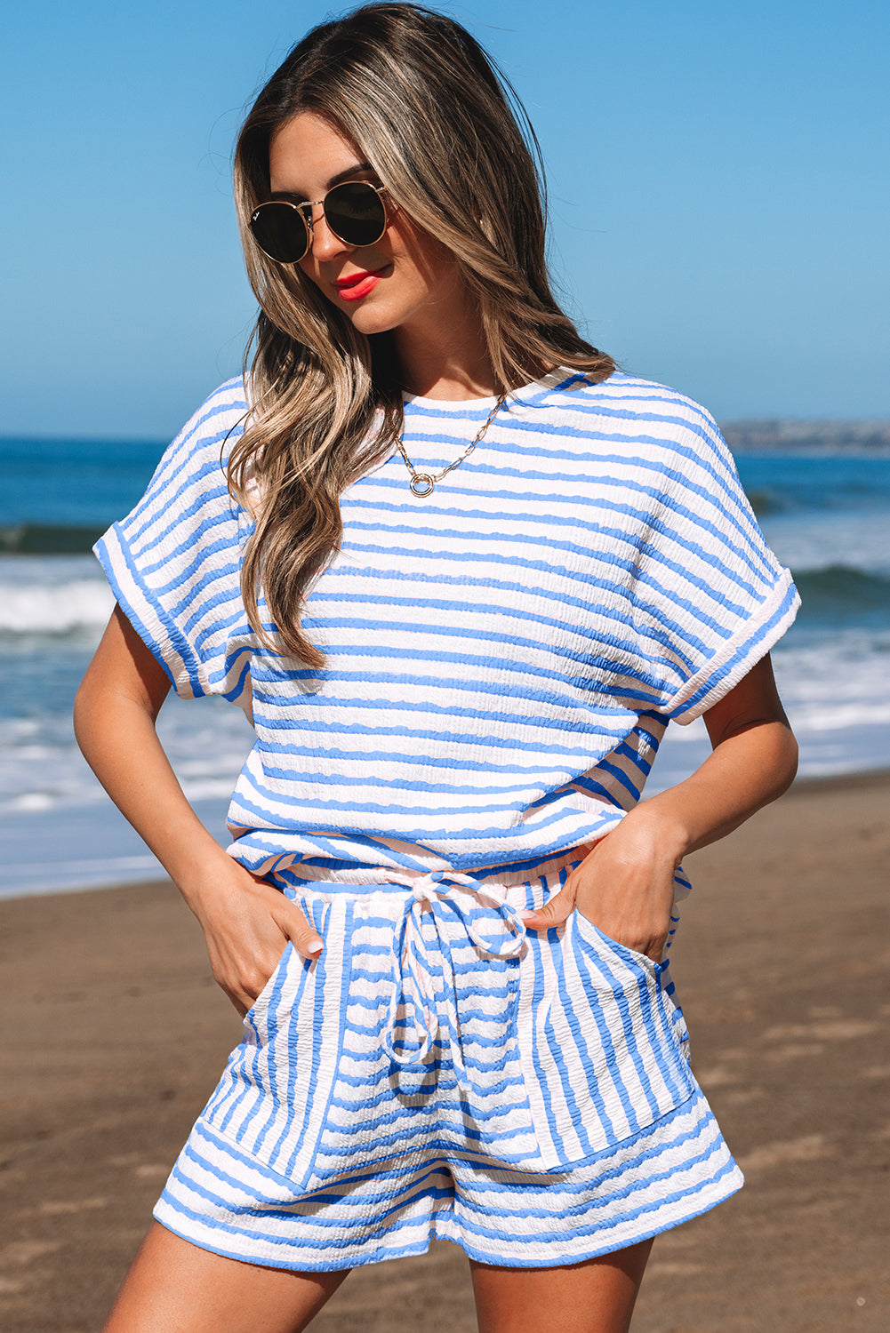 Sky Blue Stripe Knitted Short Sleeve Top and Drawstring Shorts Set-Two Piece Sets/Short Sets-[Adult]-[Female]-2022 Online Blue Zone Planet