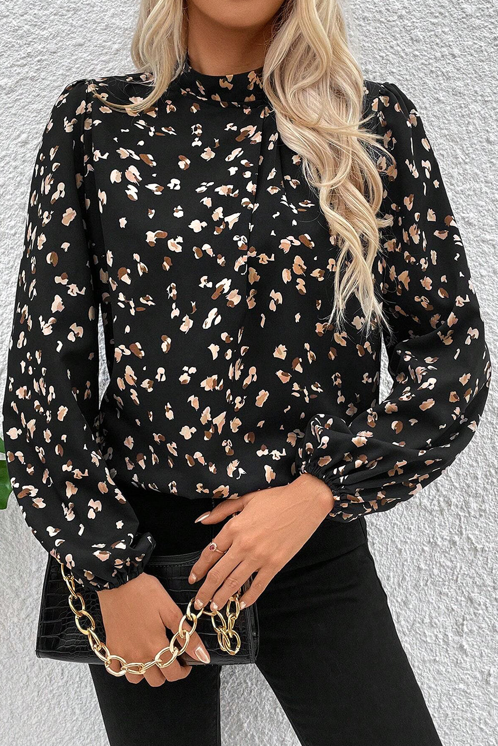 Black Leopard Print Puff Sleeve Mock Neck Pleated Blouse-Blouses-[Adult]-[Female]-Black-S-2022 Online Blue Zone Planet